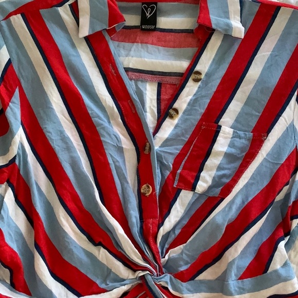 Windsor red, white, and light blue striped button up crop top - Picture 4 of 7